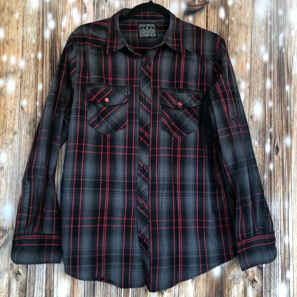 Men’s Straight Faded Button Up Long Sleeve Red Gray Plaid Shirt